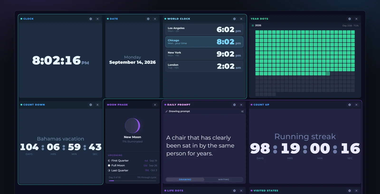 A DashSuey board in the Space theme. Clock reads 8:02 pm, Date reads Monday, September 14, 2026, and a World Clock shows Los Angeles, Chicago, New York and London. Beside them are Year Dots, a Count Down to a Bahamas vacation, Moon Phase, a Daily Prompt and a Count Up for a running streak. A cyan outline and a violet outline mark two widget groups.