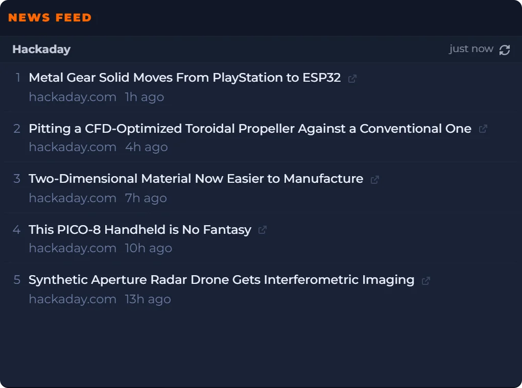 The News Feed widget in the Space theme showing five headlines from Hackaday's feed, the newest an hour old