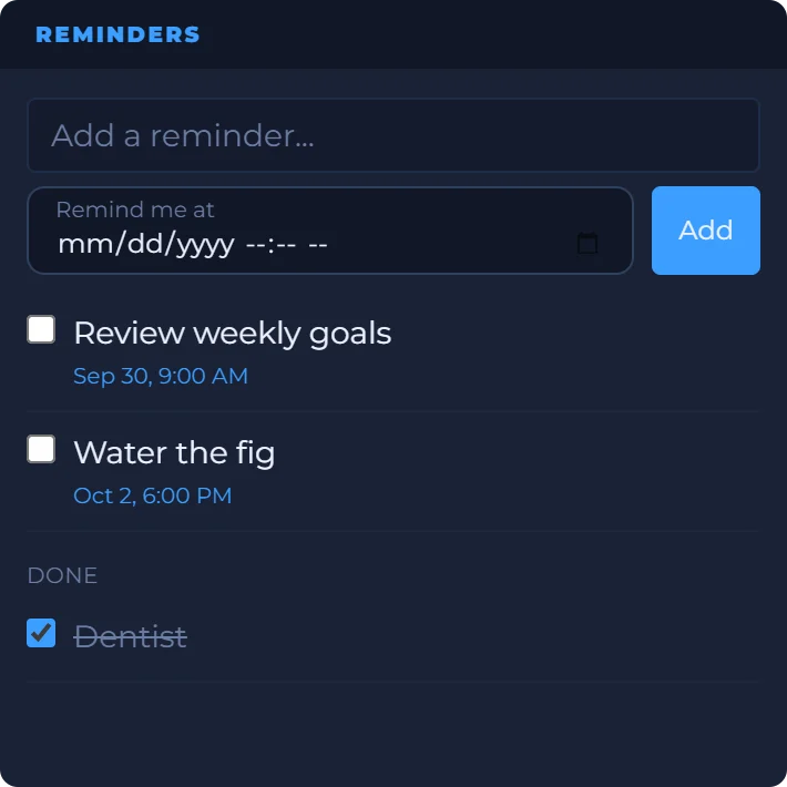 The Reminders widget in the Space theme showing two example reminders with times and one done