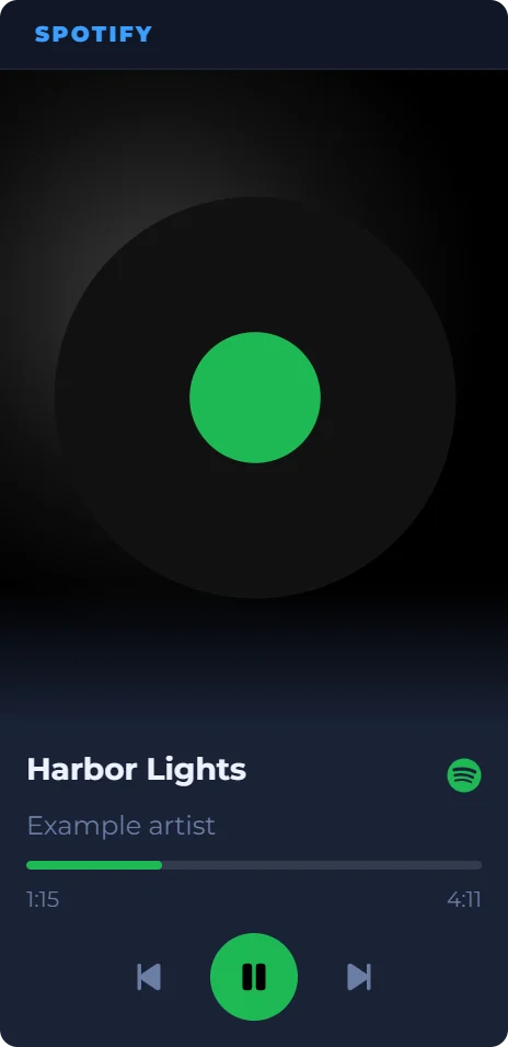 The Spotify widget in the Space theme showing an example track, Harbor Lights by Example artist, with a progress bar and play controls